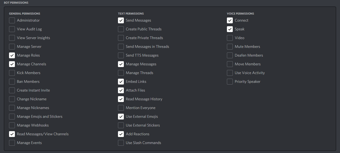 The permission checkboxes with some permissions checked.